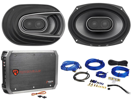 (2) Polk Audio MM692 6x9” 900w 3-Way Vehicle Audio/Marine Speakers+2-Ch Amp+Wire Kit