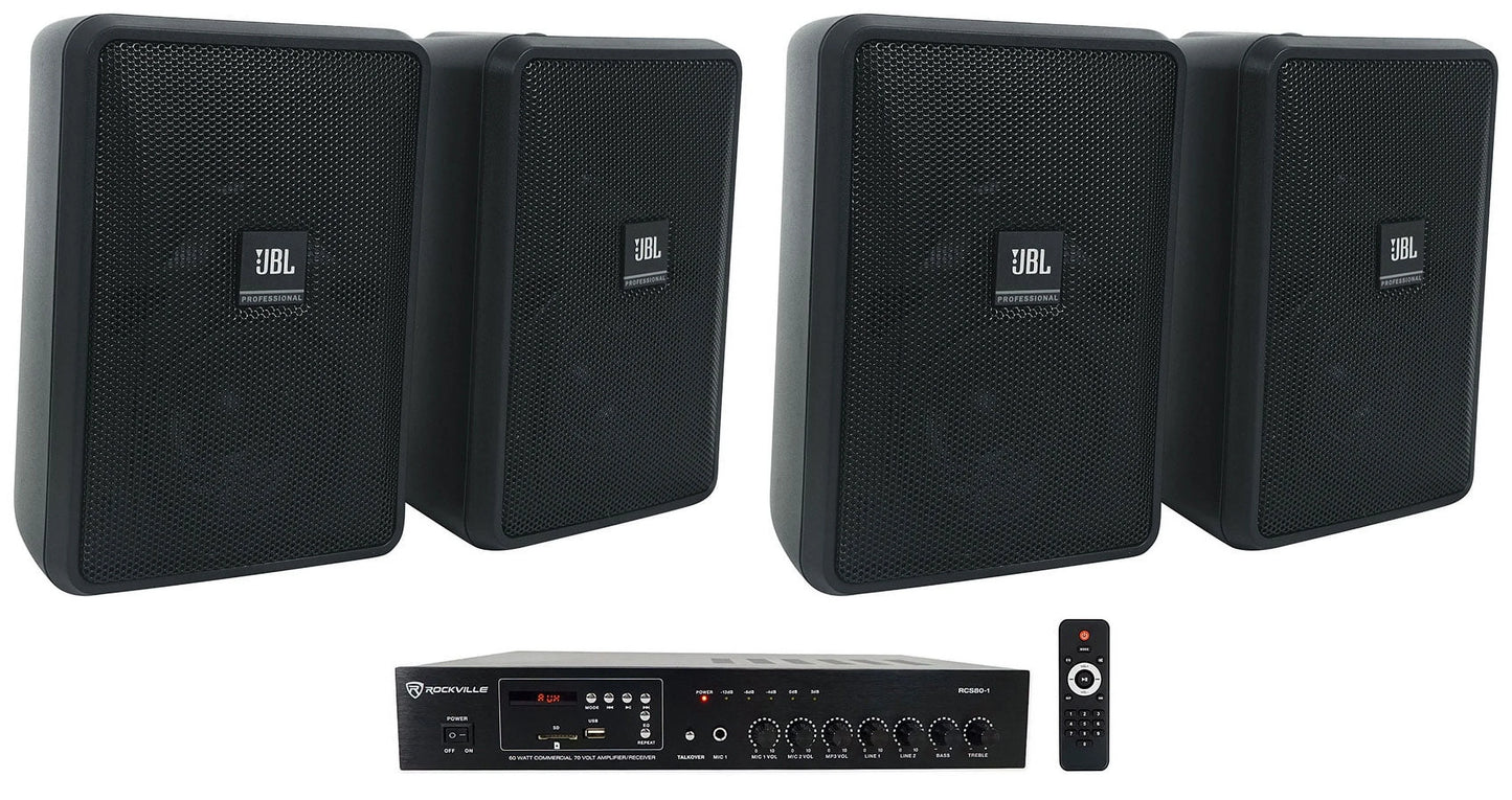 (4) JBL Control 23-1 Black 3" Indoor/Outdoor 70v Commercial Wall Speakers + Amp